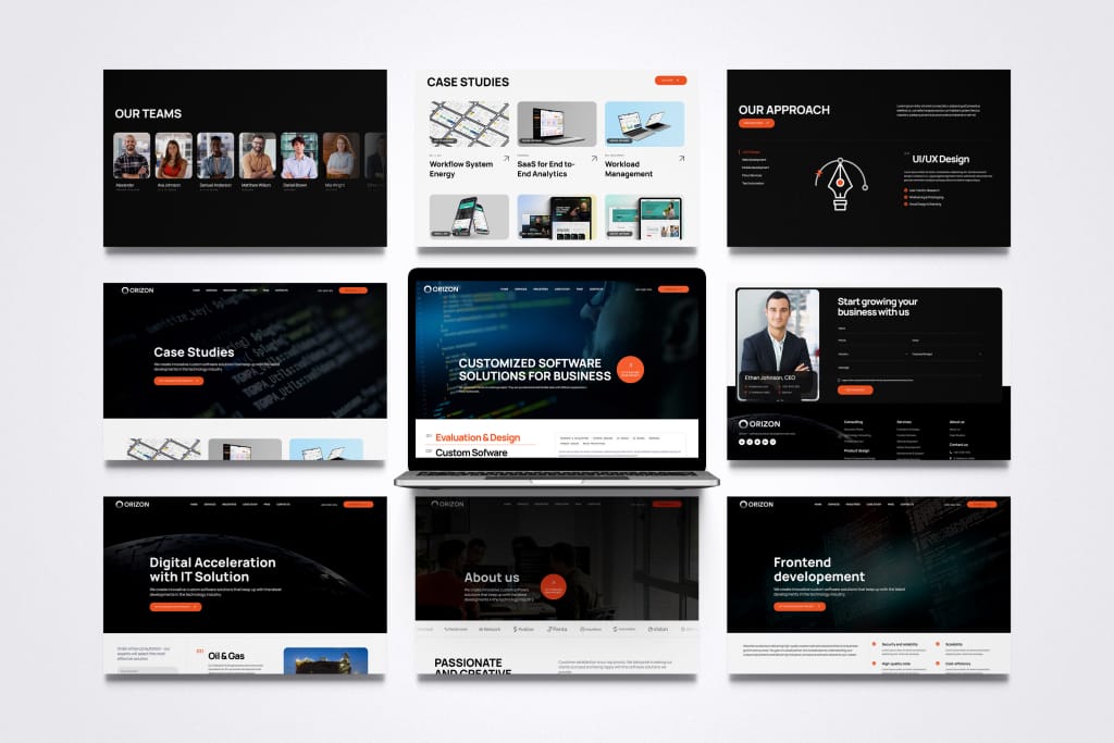 Een collage van mockups voor websiteontwerp met secties voor team, casestudies, diensten, bedrijfsoplossingen en contact.