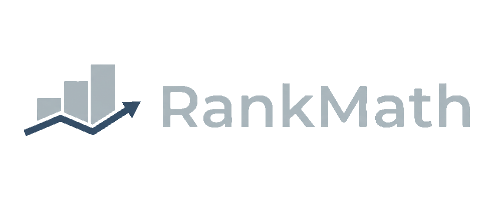 Rank Math logo met een stijgend staafdiagram en pijl, naast de tekst "RankMath" in grijs lettertype.