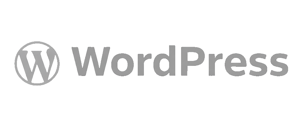 WordPress logo met een gestileerde "W" in een cirkel naast het woord "WordPress" in grijze tekst.