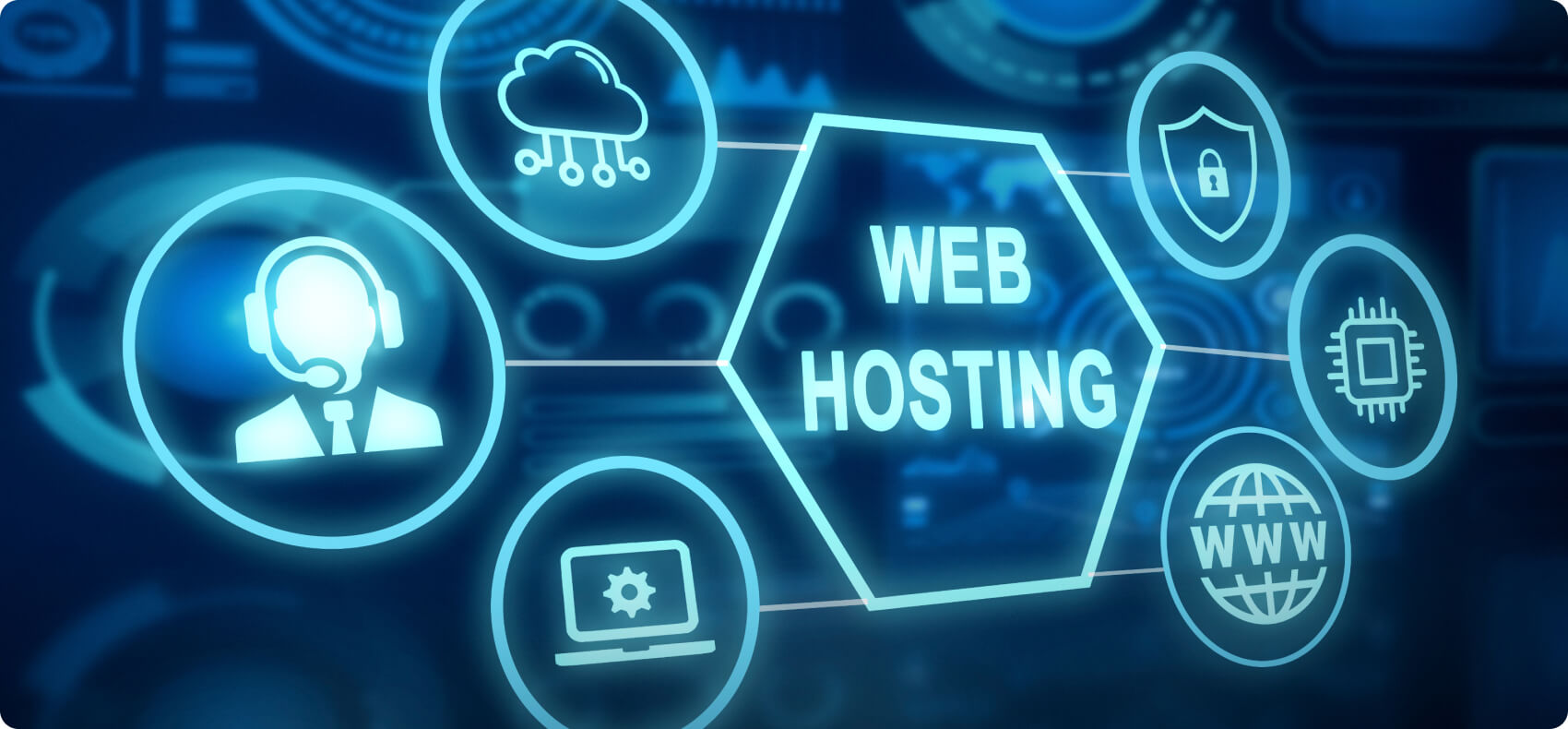 Een blauwe digitale afbeelding met in het midden de tekst „WEB HOSTING”, omringd door pictogrammen voor technische ondersteuning, cloud, beveiliging en servers.